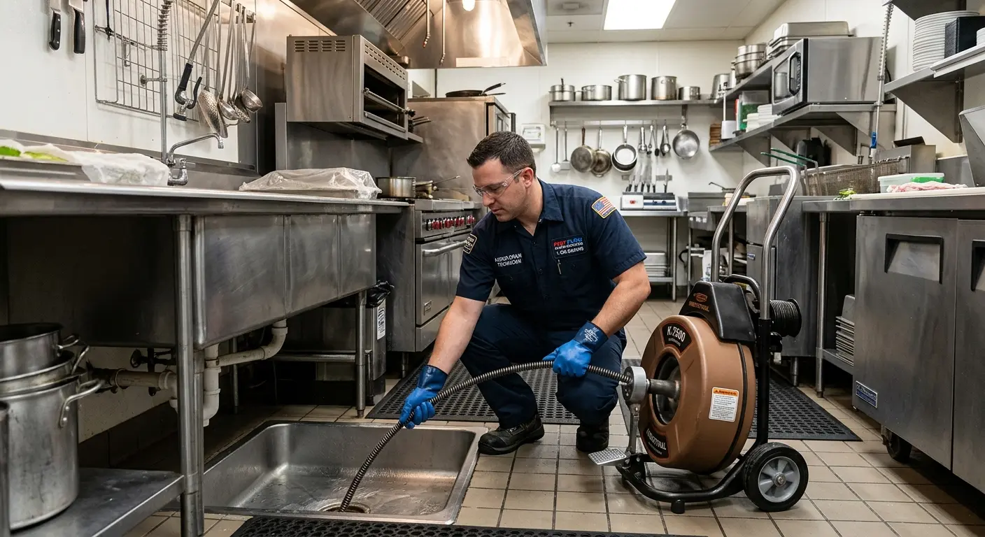 Commercial drain cleaning service in a restaurant kitchen in Surfside