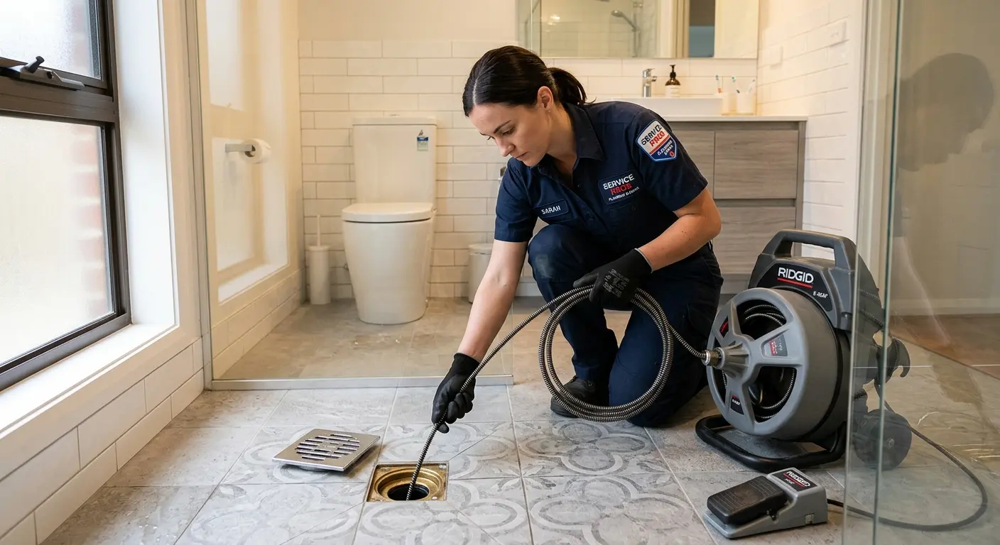 Technician clearing a bathroom floor drain for Sewer Line Installation in Surfside